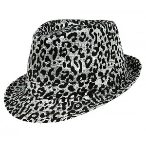 Fedora Hat – 12 PCS Leopard Print Accent w/ Sequins - White - HT-CAP00076W